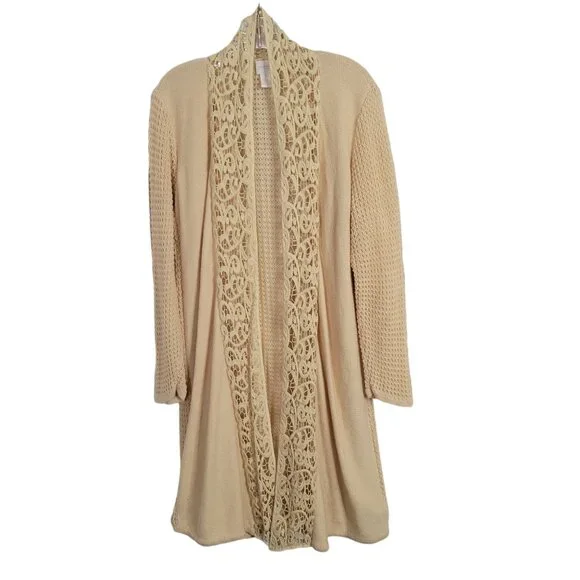 Chico's 2 Size L Cardigan Open Leslie Lace Front Long Jacket Cotton Blend Beige - Picture 2 of 10